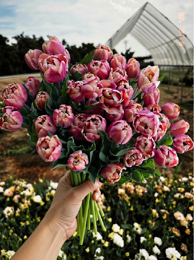 A hand holding a large bouquet of pink and red tulips with green stems, set against a blurred outdoor garden background with a greenhouse structure.