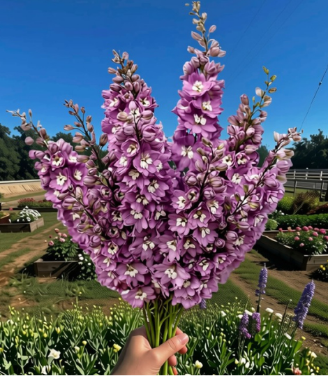A hand holding a large bouquet of purple delphiniums in a sunny garden with other flowers and a blue sky in the background.