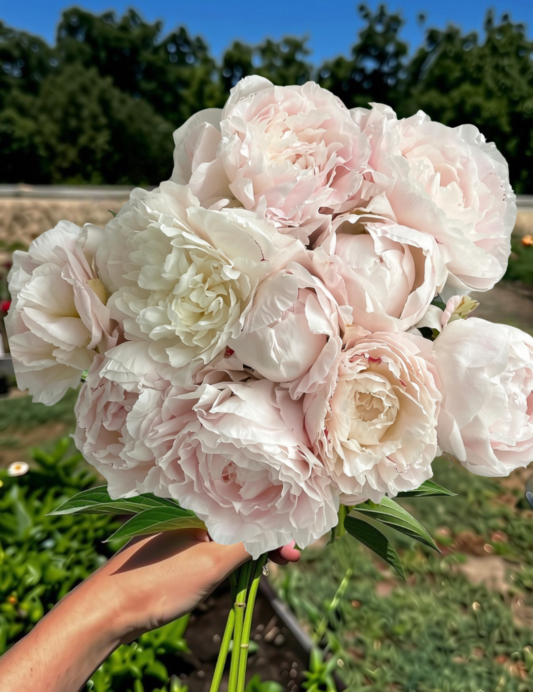 A hand holding a bouquet of pale blush pink and white peony flowers outdoors, with green garden foliage and a blue sky in the background.